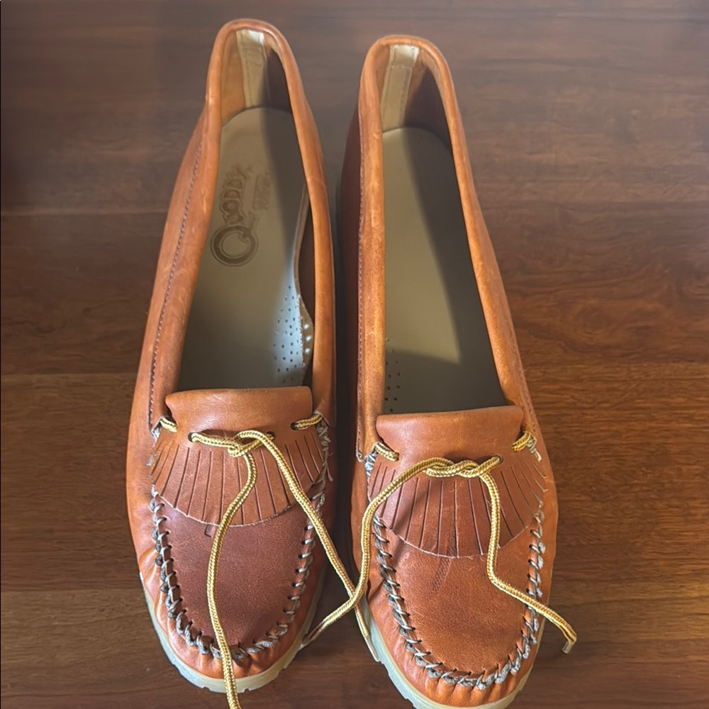 Quoddy Tan Moccasin Shoes with Whipstitching